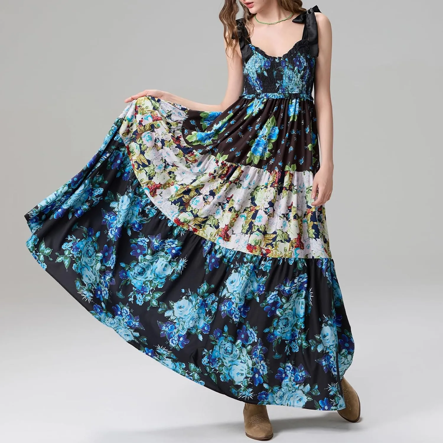 Women’s Tie Shoulder Floral Boho Maxi Dress Sleeveless Flowy Tiered A Line Long Sundress Going Out Flower Beach Dress