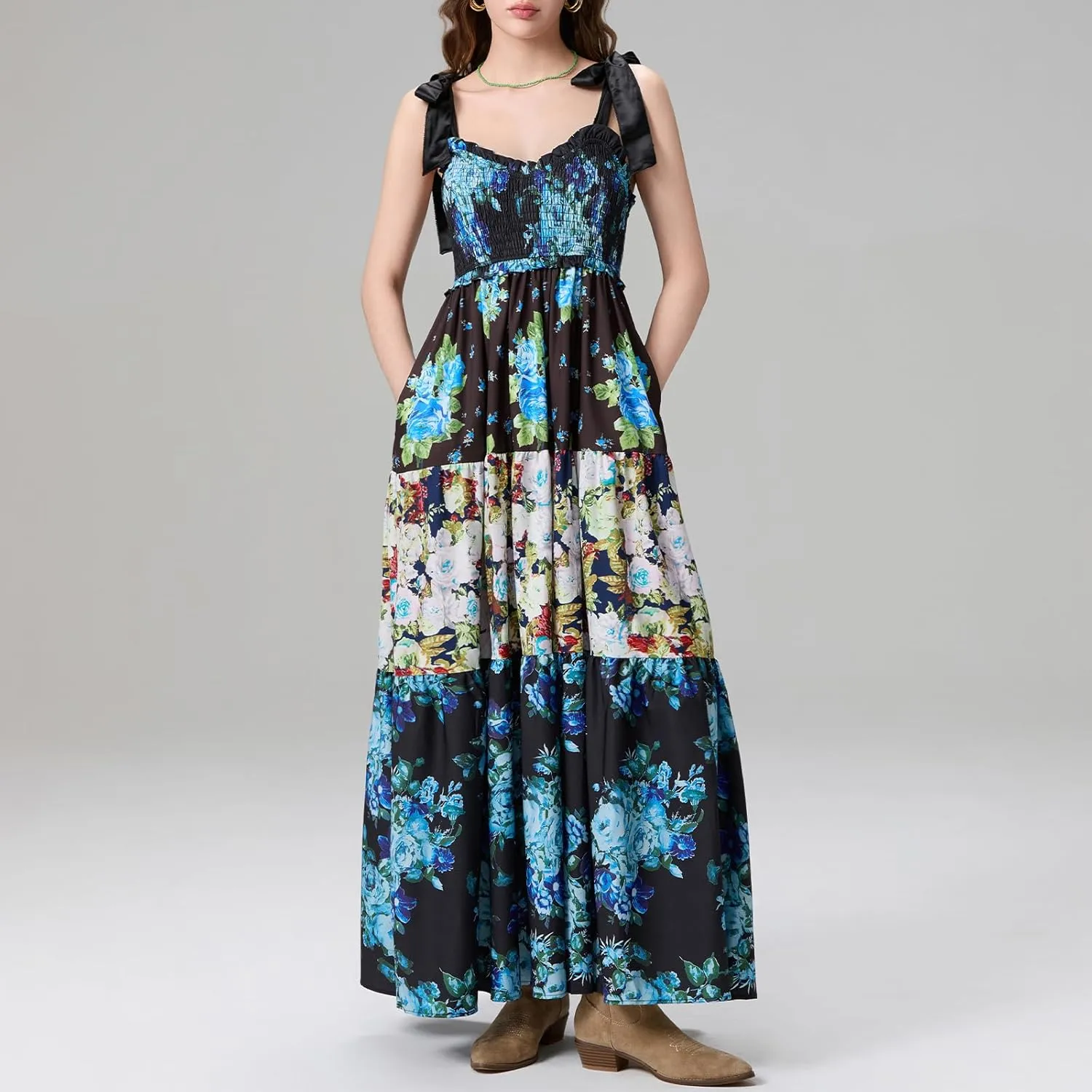 Women’s Tie Shoulder Floral Boho Maxi Dress Sleeveless Flowy Tiered A Line Long Sundress Going Out Flower Beach Dress