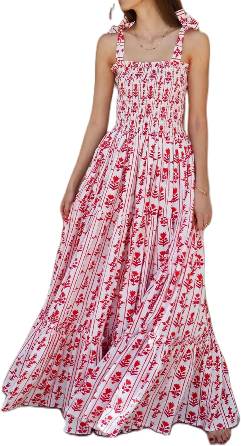 Women’s Tie Shoulder Floral Boho Maxi Dress Sleeveless Flowy Tiered A Line Long Sundress Going Out Flower Beach Dress
