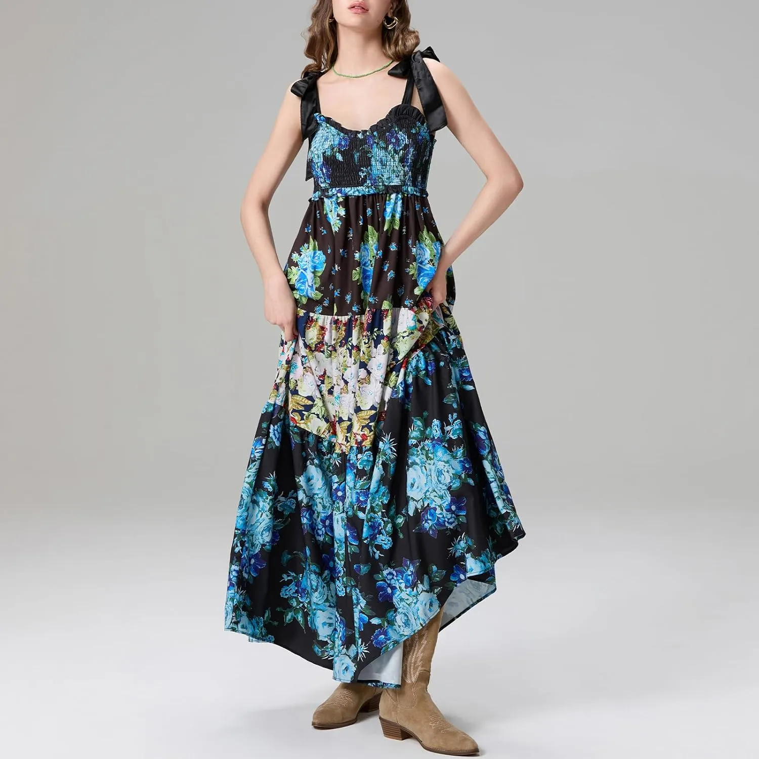 Women’s Tie Shoulder Floral Boho Maxi Dress Sleeveless Flowy Tiered A Line Long Sundress Going Out Flower Beach Dress