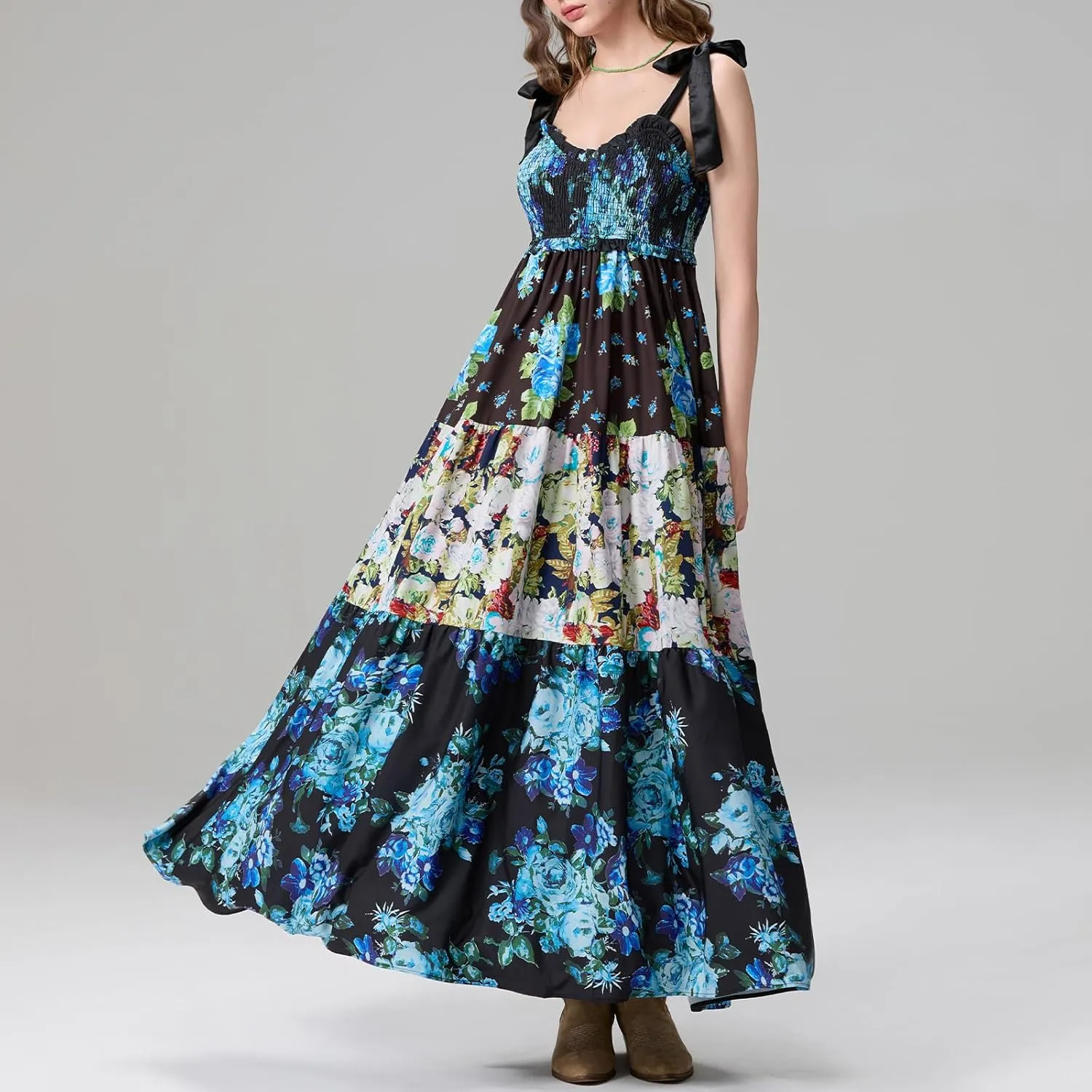 Women’s Tie Shoulder Floral Boho Maxi Dress Sleeveless Flowy Tiered A Line Long Sundress Going Out Flower Beach Dress