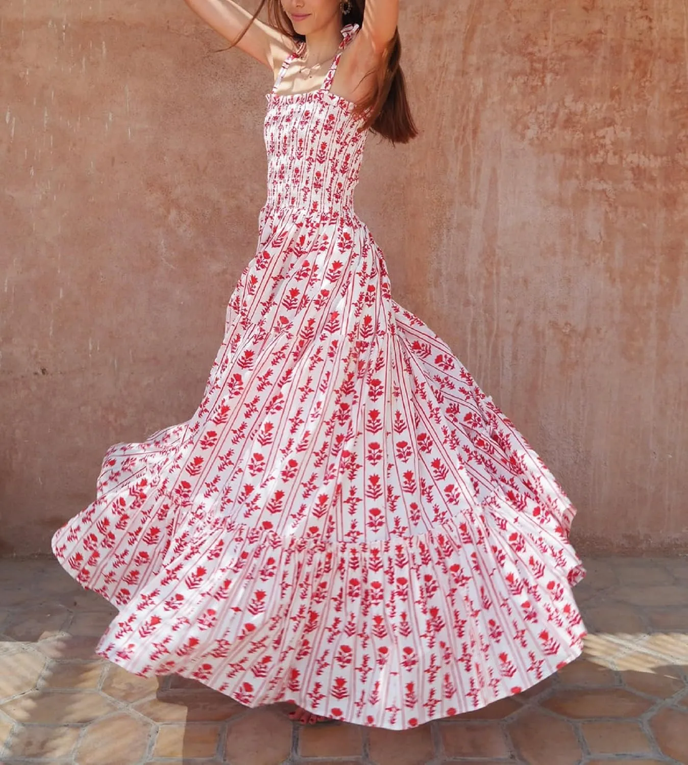 Women’s Tie Shoulder Floral Boho Maxi Dress Sleeveless Flowy Tiered A Line Long Sundress Going Out Flower Beach Dress