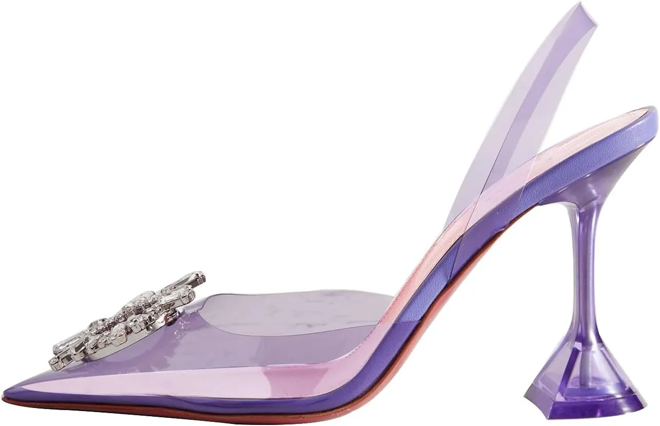 Women's Transparent Slingback Pumps Pointed Toe Clear PVC Crystal Buckle Decoration Triangle High Heels Party Wedding Bridal High Heel Shoes for Women
