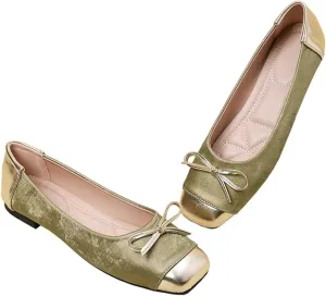 Women's Velvet Ballet Flats - Gold-Tone Metal Cap Toe & Bow | Fall-Winter Luxury with Plush Pink Lining & Contrast Stitching