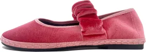 Women's Velvet Mary Jane Flats Round Toe Ballet Shoes Wide Strap Design with Burgundy Trim