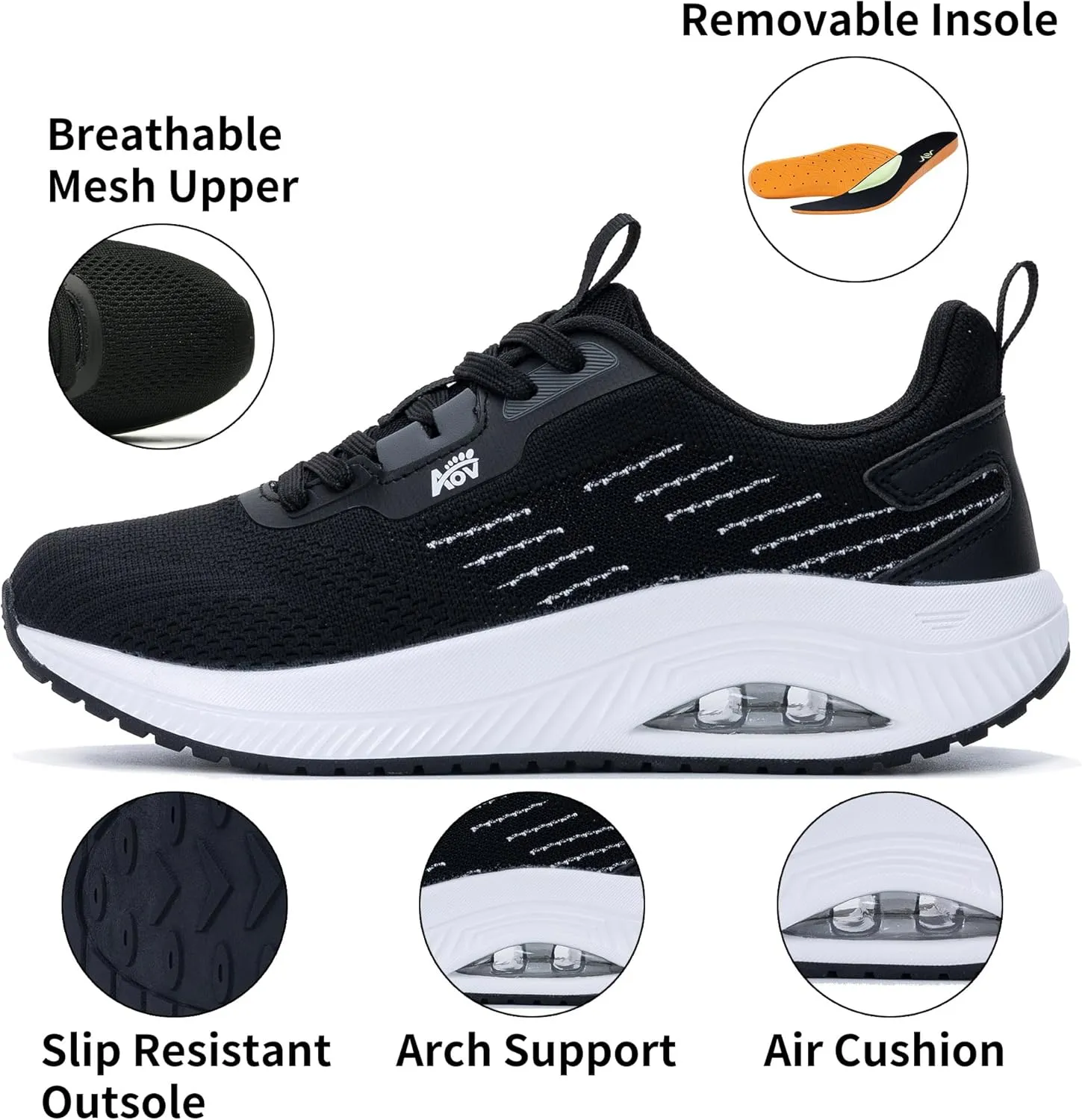 Women's Walking Shoes with Arch Support Orthotic Sneakers for Plantar Fasciitis Heel and Foot Pain Relief Tennis WhiteBlack Size 6
