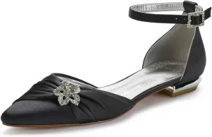 Women's Wedding Shoes for Bride Flats Pointed Toe Pumps Rhinestones Satin Ankle Strap Bridal Shoes