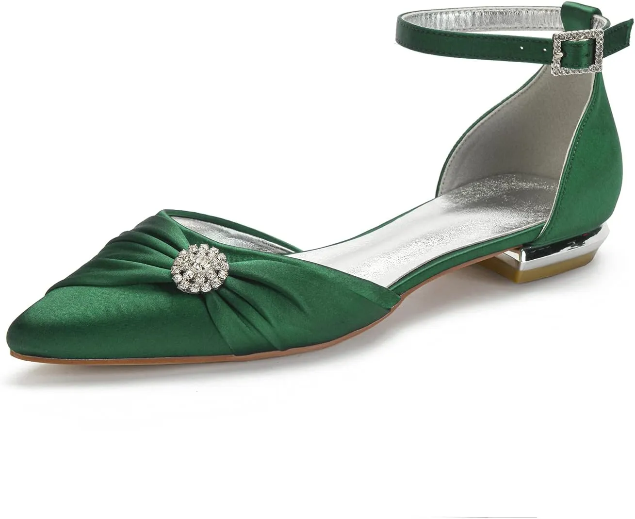 Women's Wedding Shoes for Bride Flats Pointed Toe Satin Bridal Flat Crystals Ankle Strap Dress Shoes Formal Prom Party Pumps