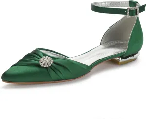 Women's Wedding Shoes for Bride Flats Pointed Toe Satin Bridal Flat Crystals Ankle Strap Dress Shoes Formal Prom Party Pumps
