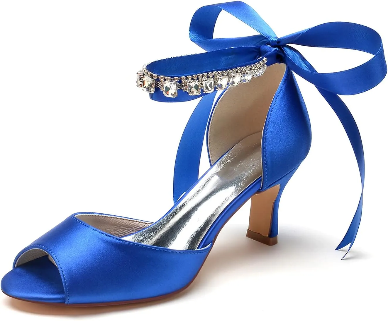 Women's Wedding Shoes for Bride Satin Crystals Pumps Peep Toe Heeled Evening Party Dressy Pumps Bridal Sandals