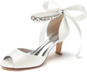 Women's Wedding Shoes for Bride Satin Crystals Pumps Peep Toe Heeled Evening Party Dressy Pumps Bridal Sandals