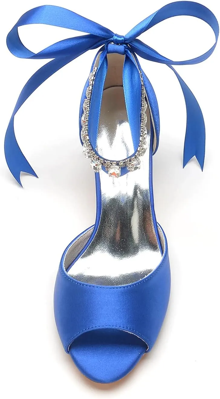 Women's Wedding Shoes for Bride Satin Crystals Pumps Peep Toe Heeled Evening Party Dressy Pumps Bridal Sandals