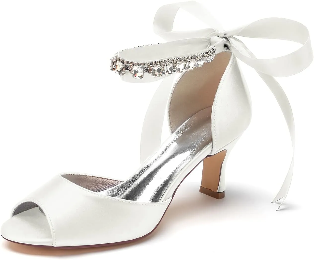 Women's Wedding Shoes for Bride Satin Crystals Pumps Peep Toe Heeled Evening Party Dressy Pumps Bridal Sandals