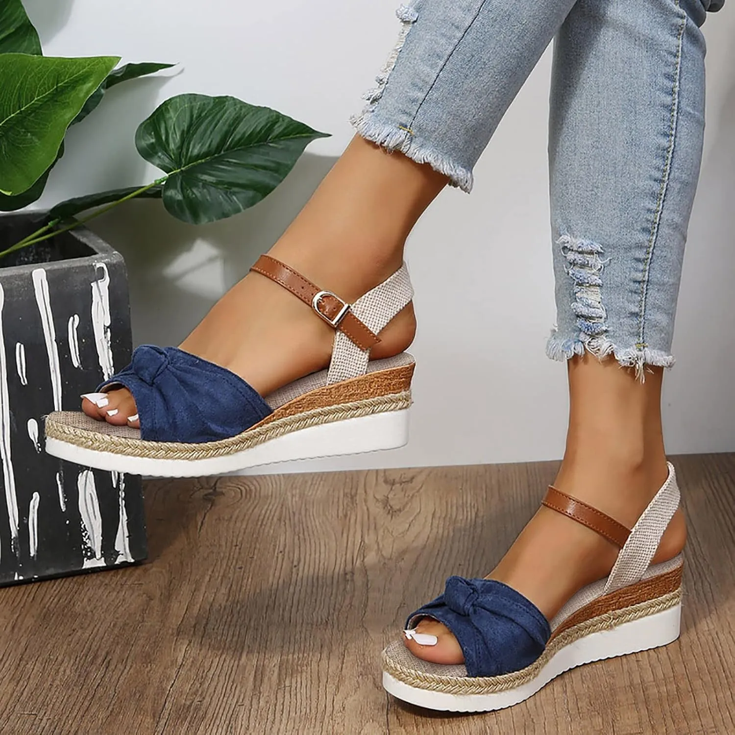 Women's Wedge Sandals,Low Wedge Heels Summer Dressy Ankle Strap Open Toe Flower Shoes Comfortable Sandals