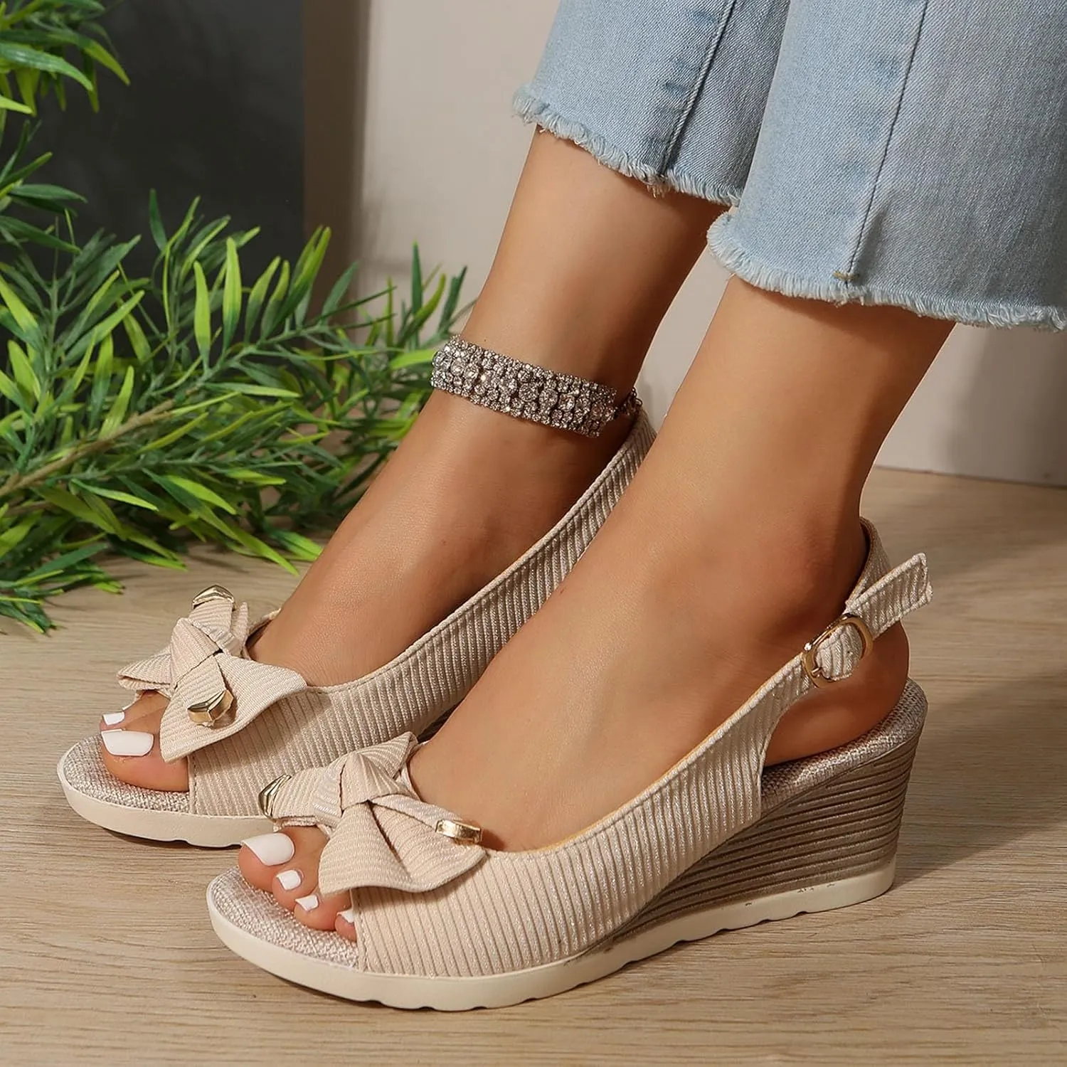 Women's Wedge Sandals,Low Wedge Heels Summer Dressy Ankle Strap Open Toe Flower Shoes Comfortable Sandals