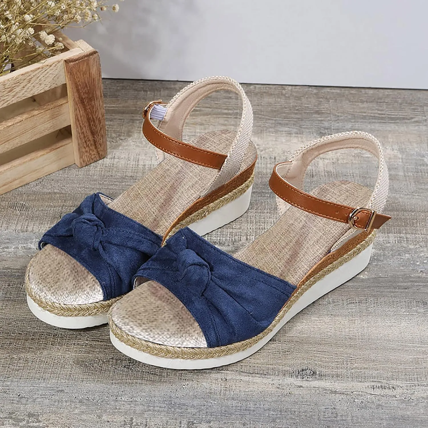 Women's Wedge Sandals,Low Wedge Heels Summer Dressy Ankle Strap Open Toe Flower Shoes Comfortable Sandals