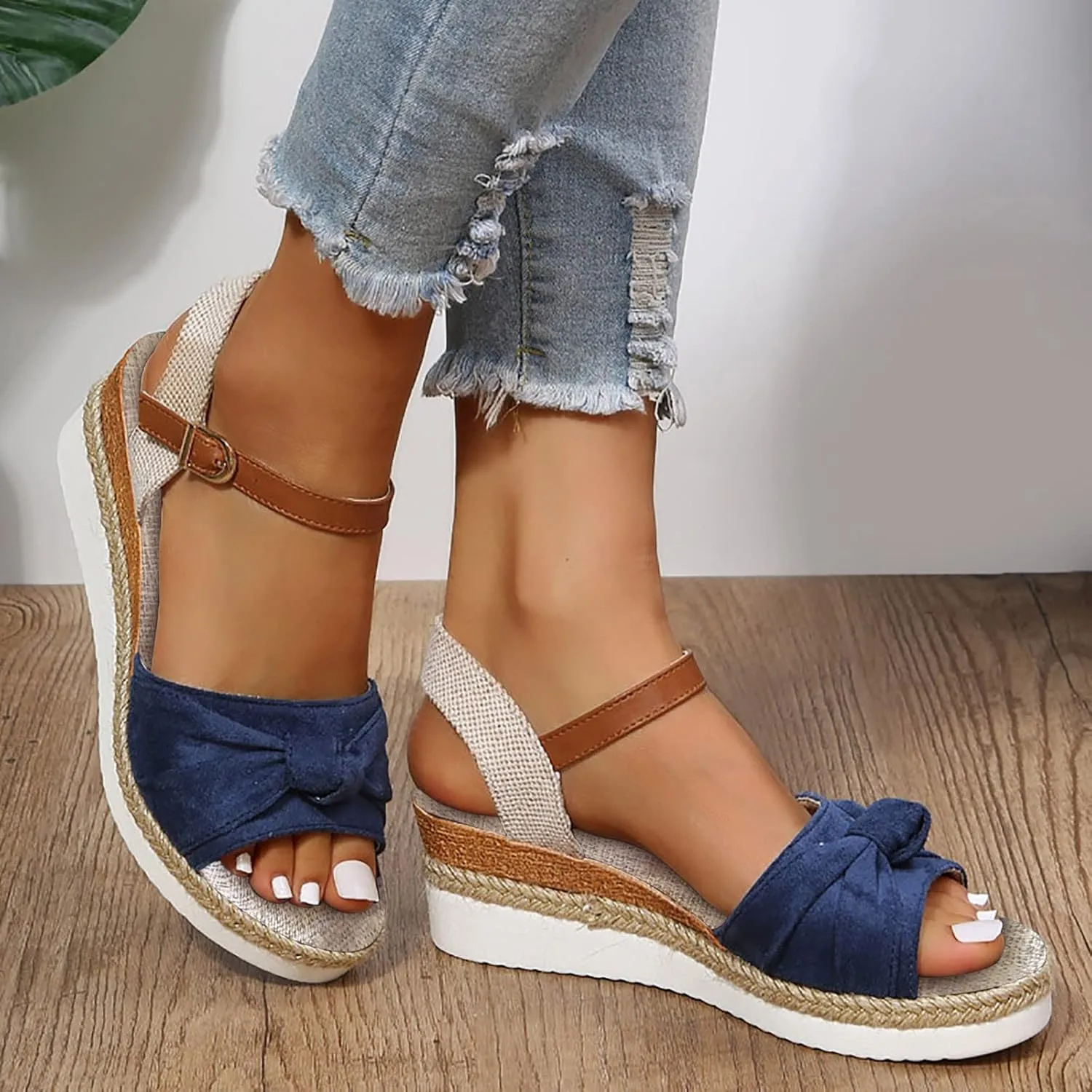 Women's Wedge Sandals,Low Wedge Heels Summer Dressy Ankle Strap Open Toe Flower Shoes Comfortable Sandals