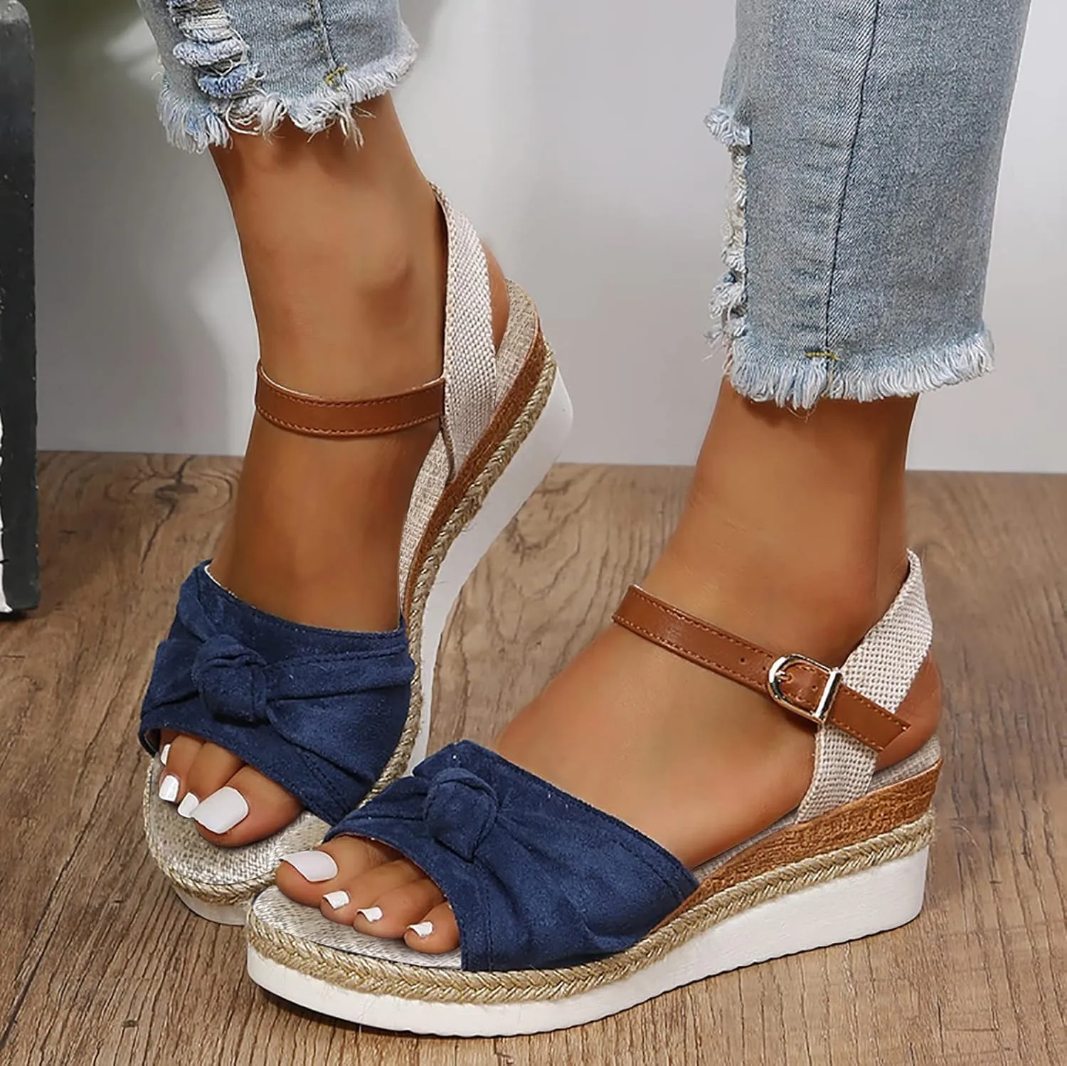 Women's Wedge Sandals,Low Wedge Heels Summer Dressy Ankle Strap Open Toe Flower Shoes Comfortable Sandals