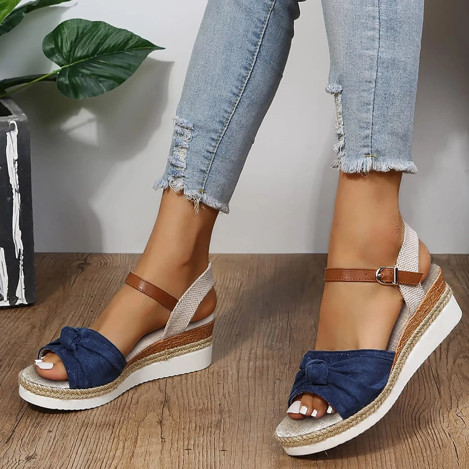 Women's Wedge Sandals,Low Wedge Heels Summer Dressy Ankle Strap Open Toe Flower Shoes Comfortable Sandals