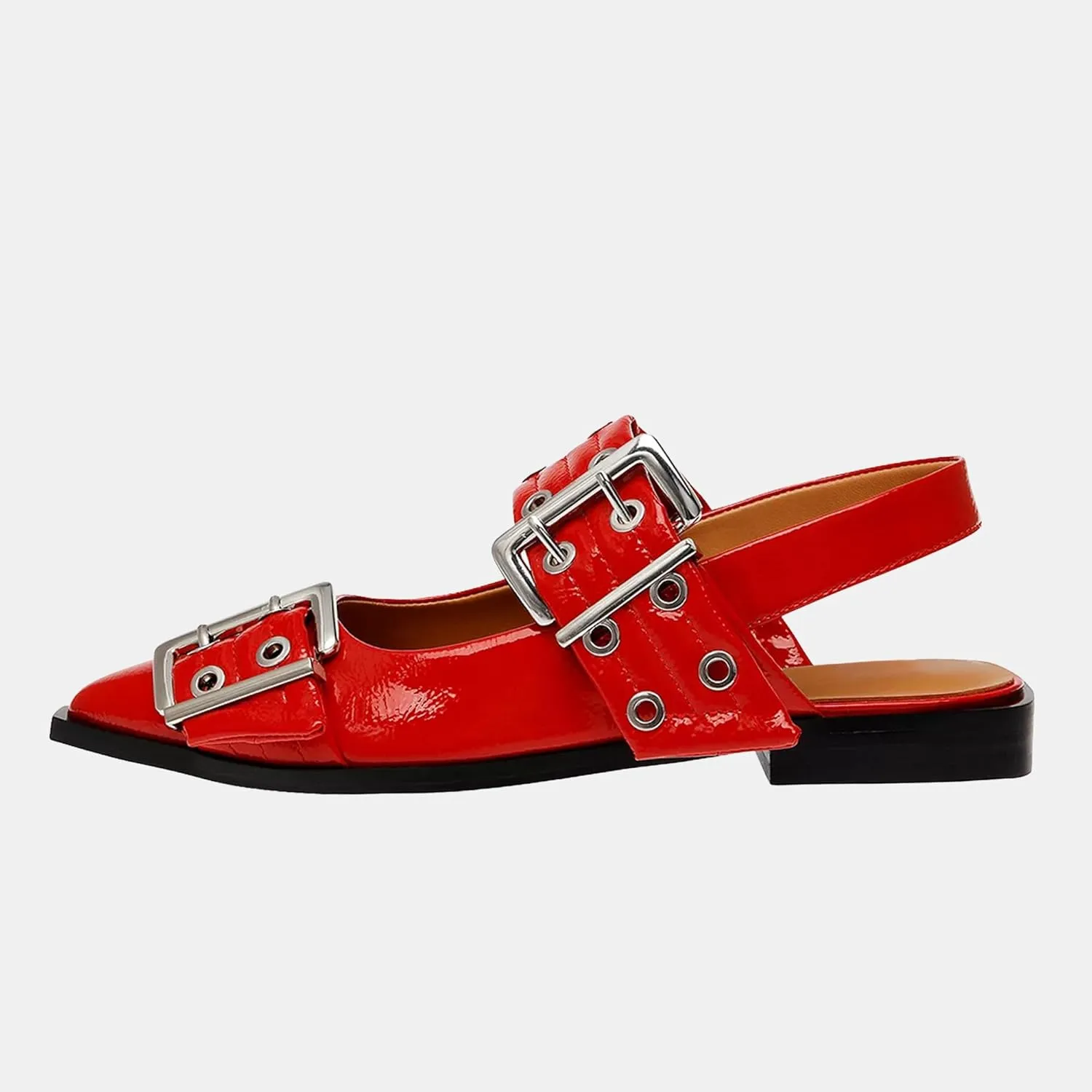 Women's Wide Welt Ballet Buckle Flats Comfortable Slingback Ballerina Squared Block Heel Sheos