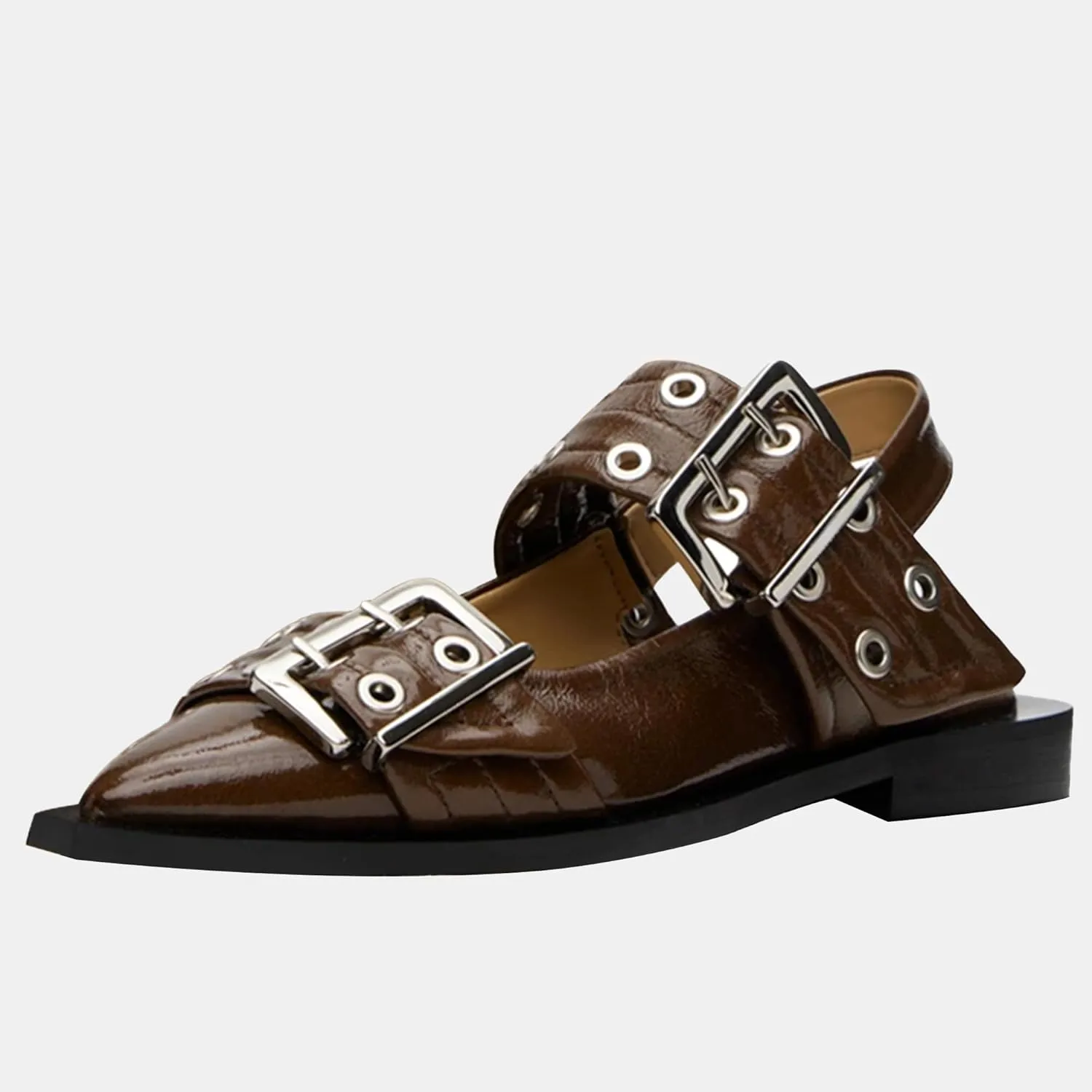 Women's Wide Welt Ballet Buckle Flats Comfortable Slingback Ballerina Squared Block Heel Sheos