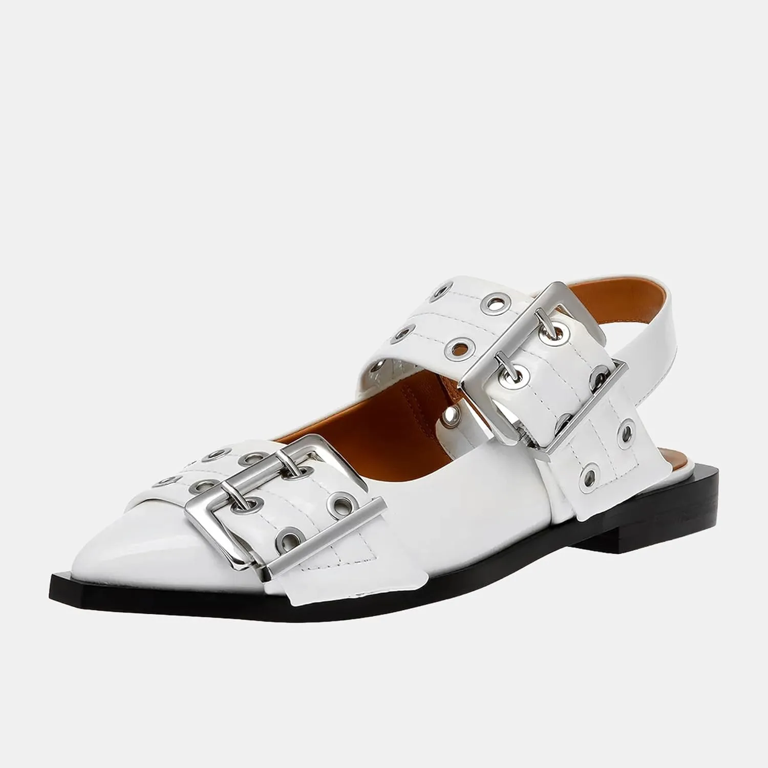 Women's Wide Welt Ballet Buckle Flats Comfortable Slingback Ballerina Squared Block Heel Sheos