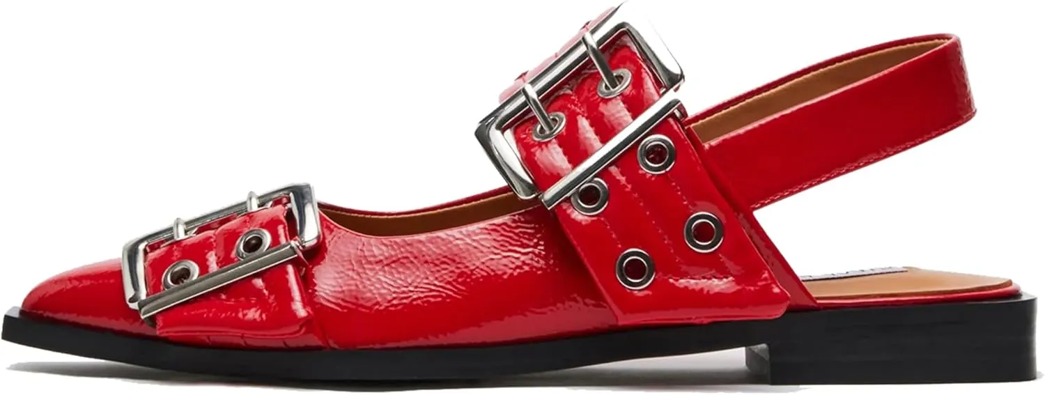 Women's Wide Welt Ballet Buckle Flats Comfortable Slingback Ballerina Squared Block Heel Sheos
