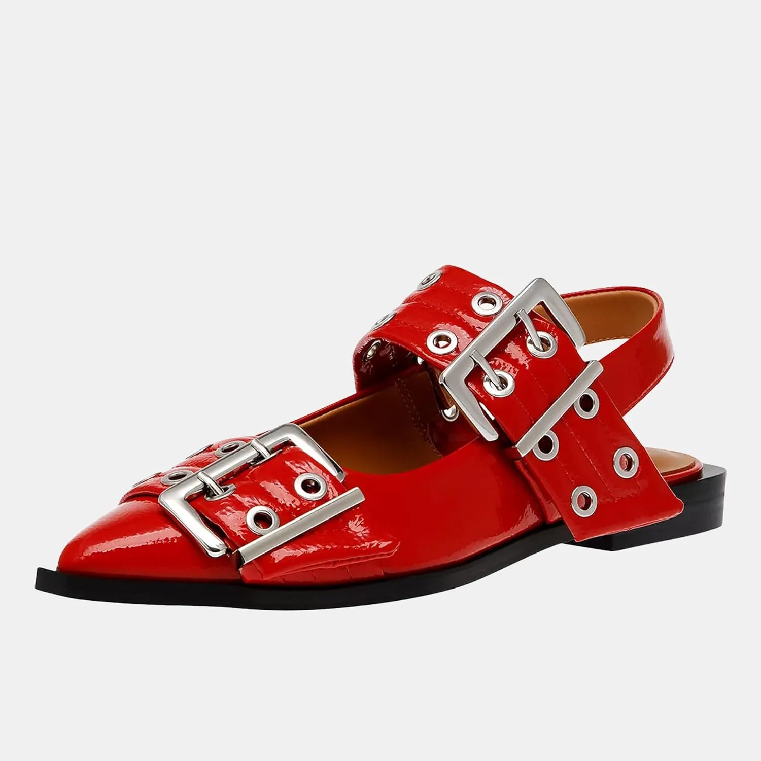 Women's Wide Welt Ballet Buckle Flats Comfortable Slingback Ballerina Squared Block Heel Sheos