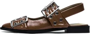 Women's Wide Welt Ballet Buckle Flats Comfortable Slingback Ballerina Squared Block Heel Sheos