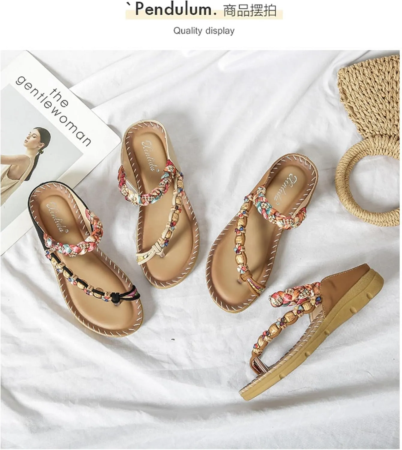 Woven Beach Sandals Bohemian Style Summer Lightweight Boho Breathable PU Leather Slip On Flat Beach Slippers For Women Casual Vacation Non Slip Soft Sole Open Toe Shoes