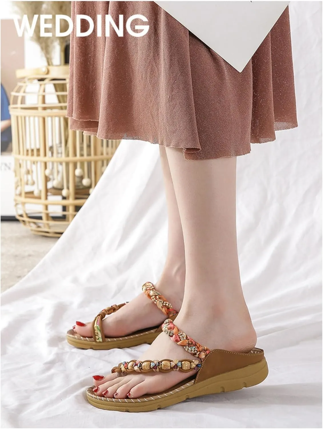 Woven Beach Sandals Bohemian Style Summer Lightweight Boho Breathable PU Leather Slip On Flat Beach Slippers For Women Casual Vacation Non Slip Soft Sole Open Toe Shoes