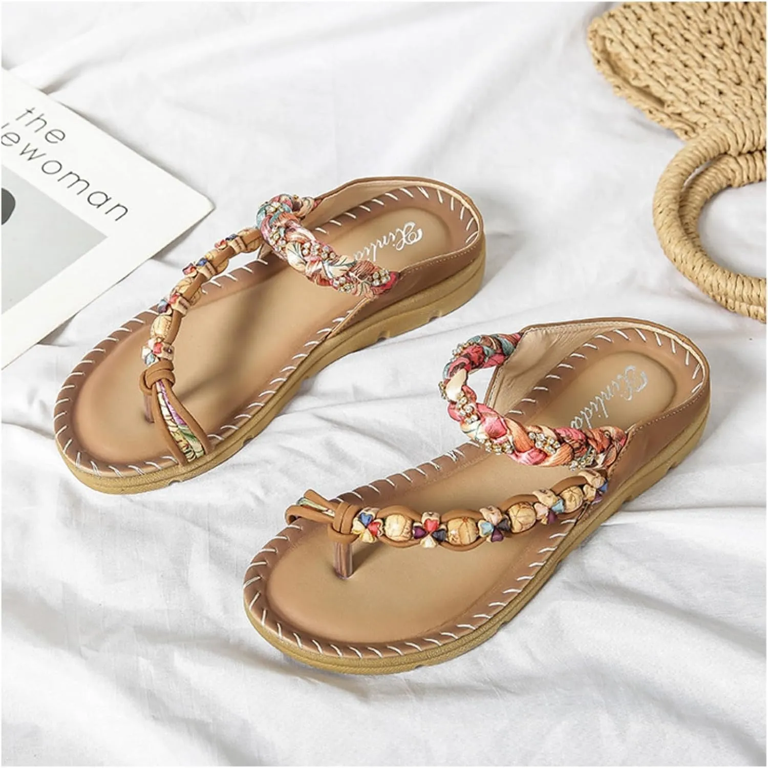 Woven Beach Sandals Bohemian Style Summer Lightweight Boho Breathable PU Leather Slip On Flat Beach Slippers For Women Casual Vacation Non Slip Soft Sole Open Toe Shoes