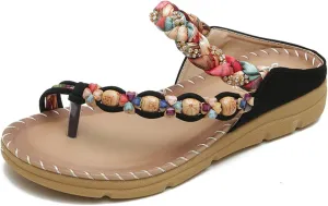 Woven Beach Sandals Bohemian Style Summer Lightweight Boho Breathable PU Leather Slip On Flat Beach Slippers For Women Casual Vacation Non Slip Soft Sole Open Toe Shoes
