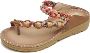 Woven Beach Sandals Bohemian Style Summer Lightweight Boho Breathable PU Leather Slip On Flat Beach Slippers For Women Casual Vacation Non Slip Soft Sole Open Toe Shoes
