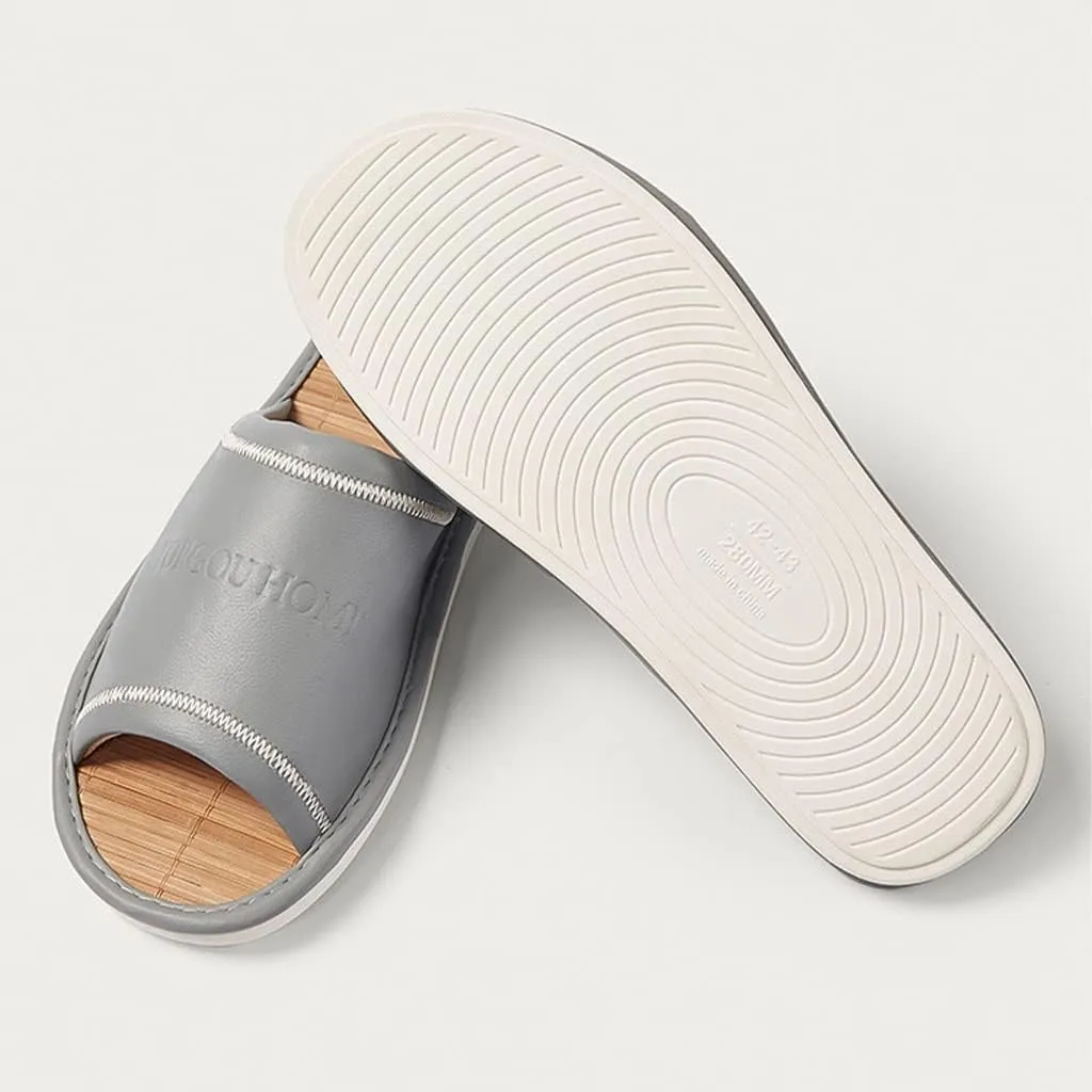 XUEMML Bamboo Slippers For Women Indoor，PU Leather Upper Linen Slippers ，Women's And Men's Casual Soft Non-slip Open Toed Mute Slippers