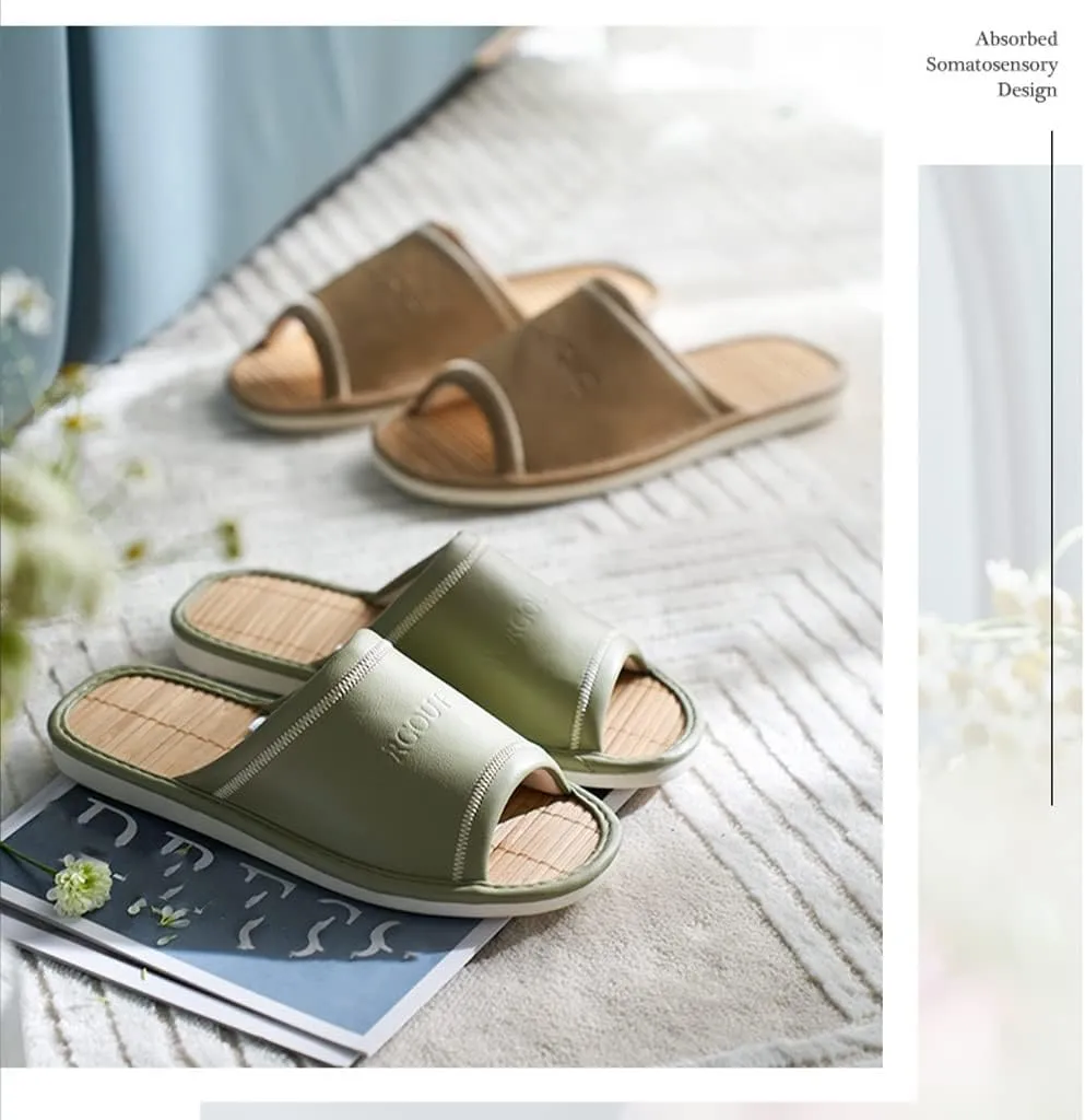 XUEMML Bamboo Slippers For Women Indoor，PU Leather Upper Linen Slippers ，Women's And Men's Casual Soft Non-slip Open Toed Mute Slippers