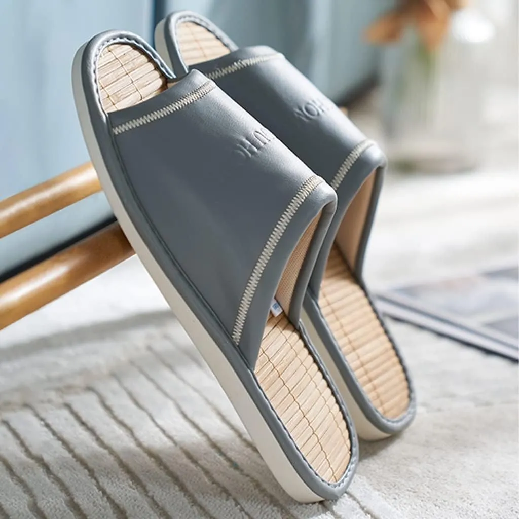 XUEMML Bamboo Slippers For Women Indoor，PU Leather Upper Linen Slippers ，Women's And Men's Casual Soft Non-slip Open Toed Mute Slippers