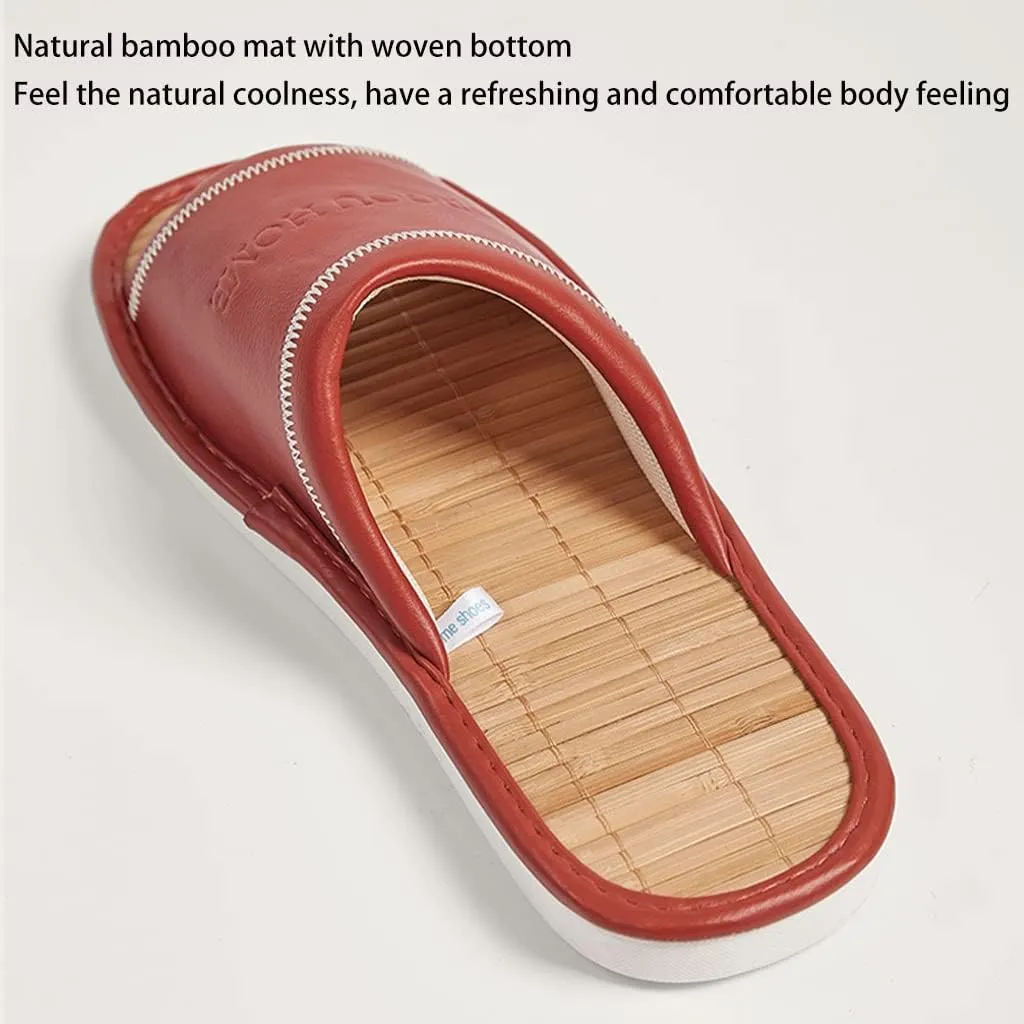 XUEMML Bamboo Slippers For Women Indoor，PU Leather Upper Linen Slippers ，Women's And Men's Casual Soft Non-slip Open Toed Mute Slippers