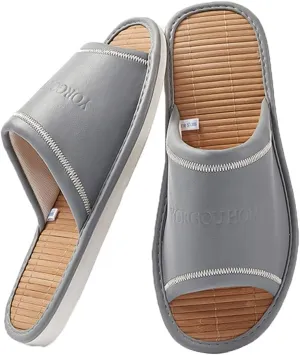 XUEMML Bamboo Slippers For Women Indoor，PU Leather Upper Linen Slippers ，Women's And Men's Casual Soft Non-slip Open Toed Mute Slippers