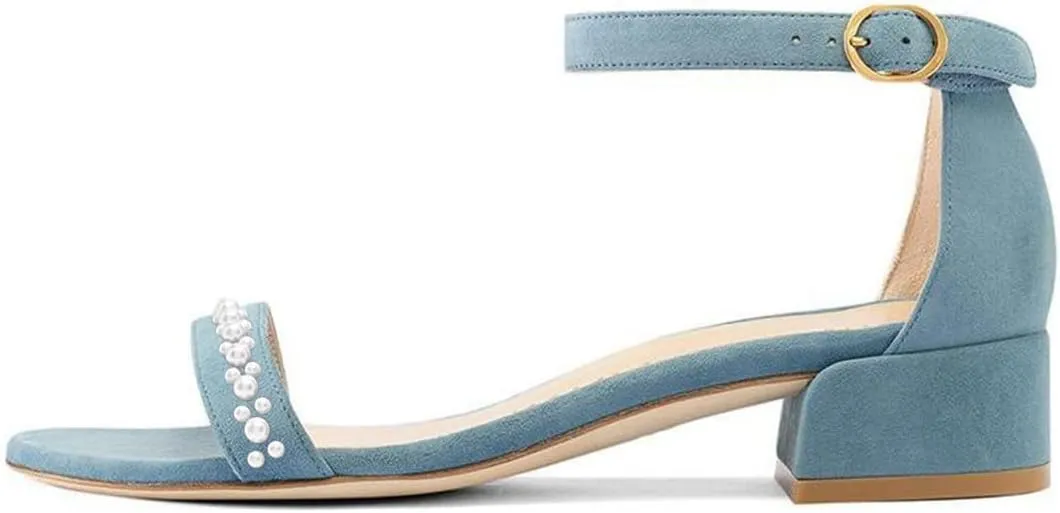 XYD Women Pearls Open Toe Strappy Low Block Heel Sandal Flats Ankle Strap with Buckle Wedding Bridal Dress Shoes