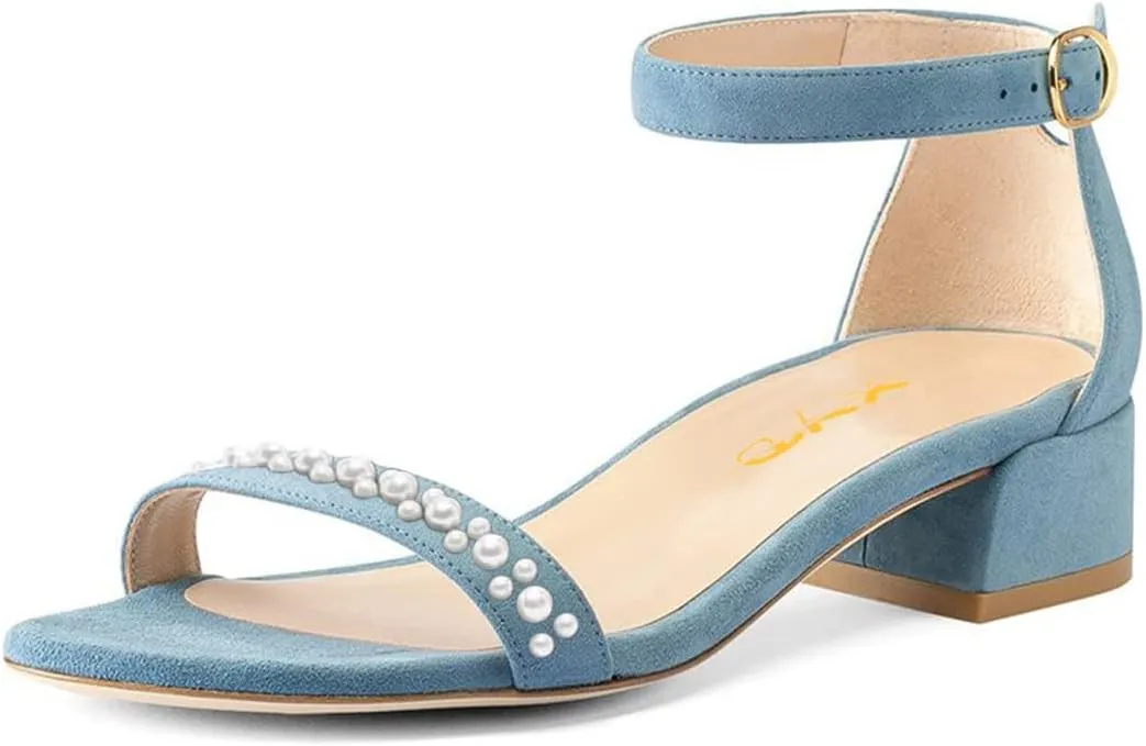 XYD Women Pearls Open Toe Strappy Low Block Heel Sandal Flats Ankle Strap with Buckle Wedding Bridal Dress Shoes