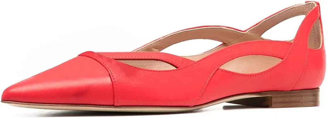 XYD Women Pointed Toe Comfortable Flats Cut Out Curved Real Leather Sandals Easy Walking Low Heel Dress Casual Shoes