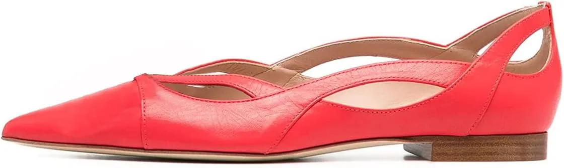 XYD Women Pointed Toe Comfortable Flats Cut Out Curved Real Leather Sandals Easy Walking Low Heel Dress Casual Shoes