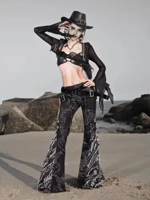 Y2K Grunge Flare Leg Jeans - Punk Aesthetic Denim Pants with Tassel & Horn Accents, Includes Belt