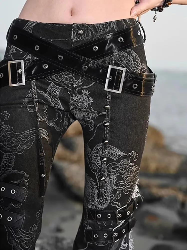 Y2K Grunge Flare Leg Jeans - Punk Aesthetic Denim Pants with Tassel & Horn Accents, Includes Belt