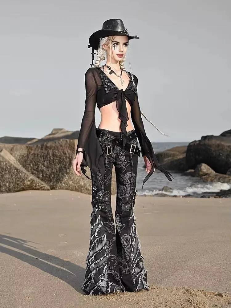 Y2K Grunge Flare Leg Jeans - Punk Aesthetic Denim Pants with Tassel & Horn Accents, Includes Belt