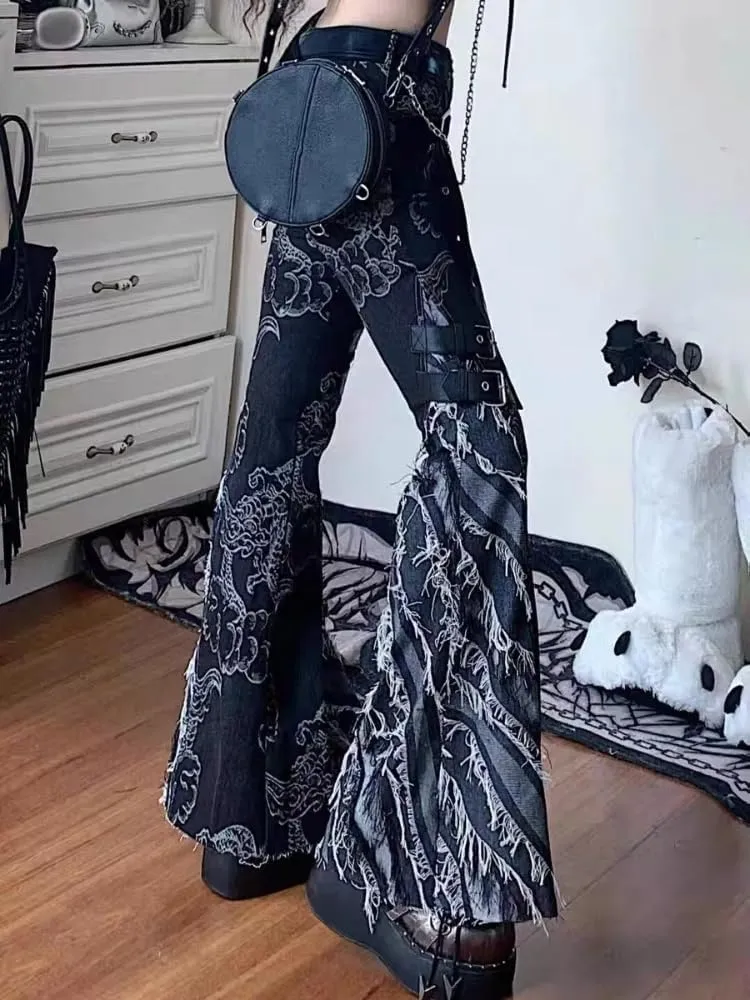 Y2K Grunge Flare Leg Jeans - Punk Aesthetic Denim Pants with Tassel & Horn Accents, Includes Belt