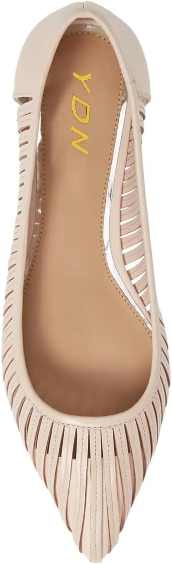 YDN Women Chic Pointed Toe Hollow Out Ballet Flats Caged Low Heel Slip On Comfy Pumps Shoes