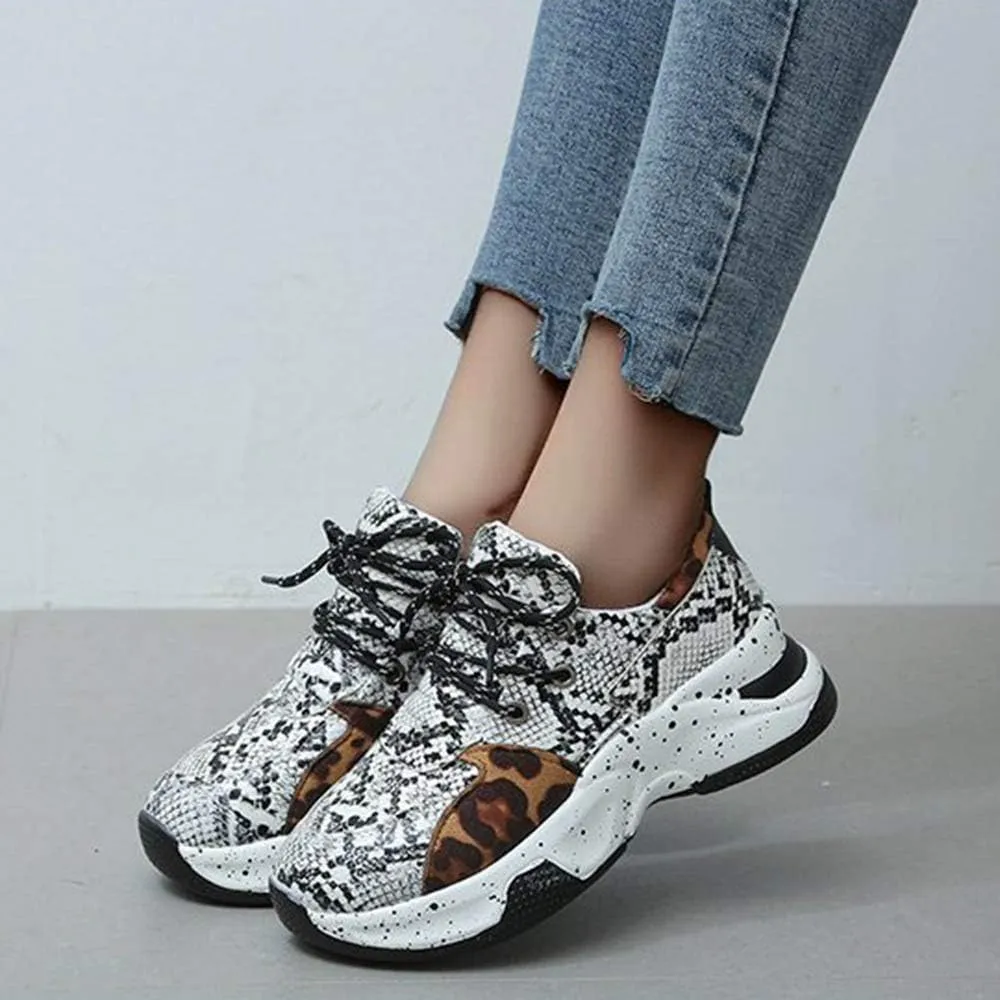 YSMIIH Women's Platform Wedge Heel Fashion Sneakers Leopard Snake Color Blocking Lace-Up Casual Shoes