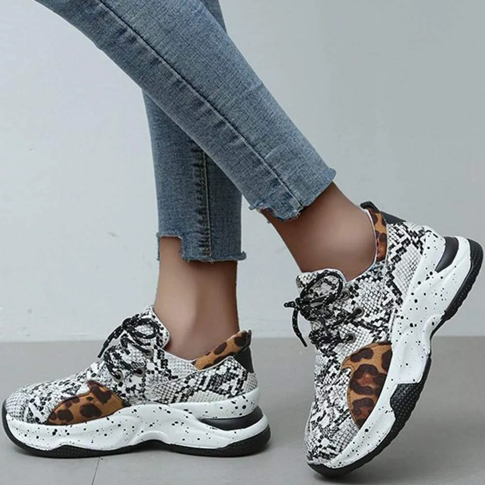 YSMIIH Women's Platform Wedge Heel Fashion Sneakers Leopard Snake Color Blocking Lace-Up Casual Shoes